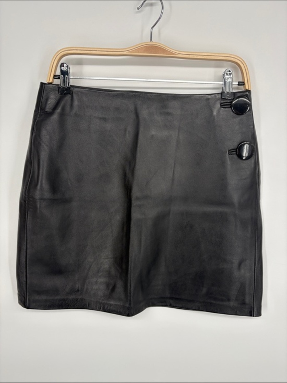 🪽 INC Black Leather Mini Skirt with Button Detail